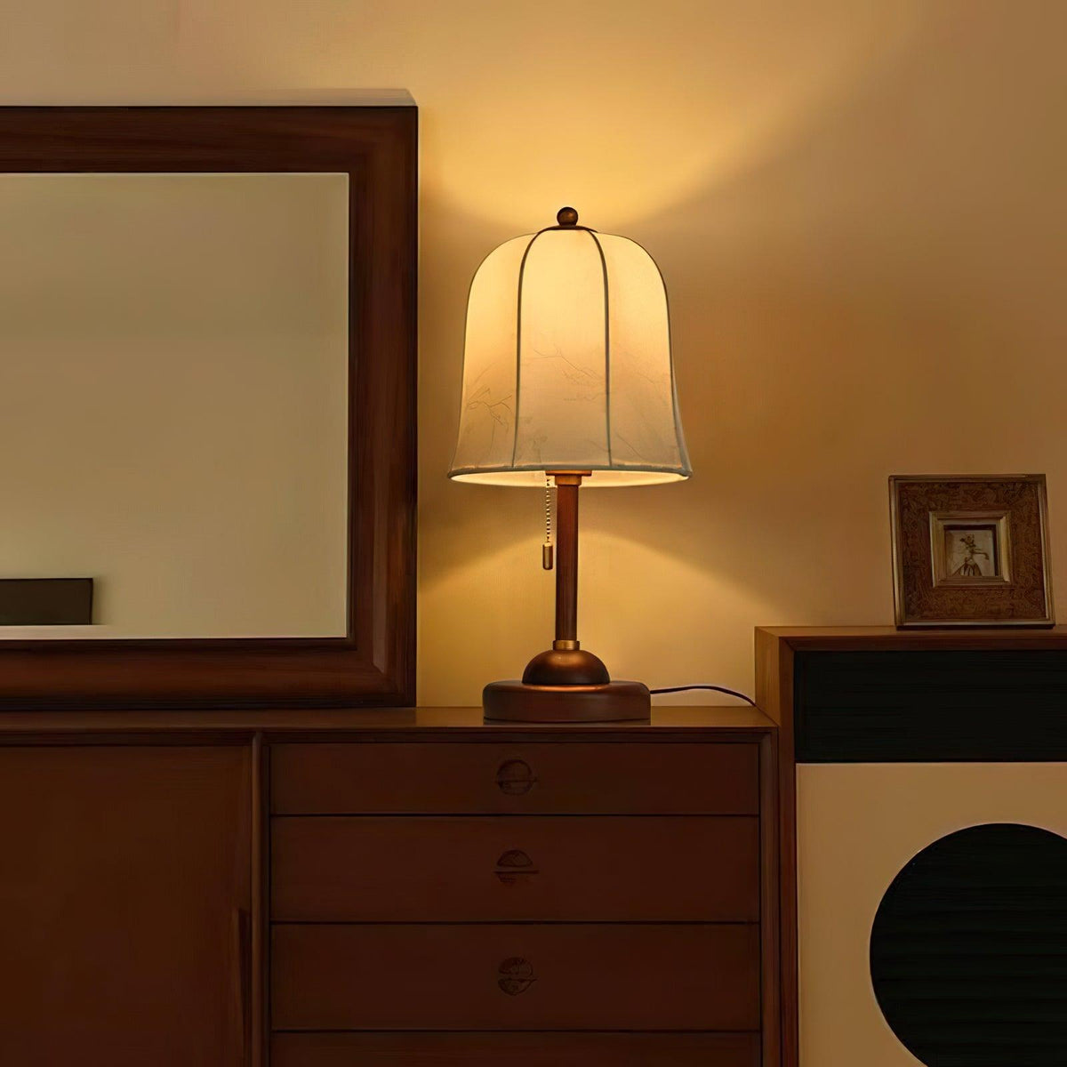 Nightstand Lamp with Fabric Shade 9-Inch Dimmable Task Light Copper Walnut Finish Bedroom Reading Side Table Lighting Home Decor