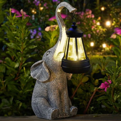 Solar Outdoor Elephant Figurine Light with Warm Glow for Patio Pathway Garden Accent Decor Weatherproof Auto-On Dusk Sensing Statue Lantern