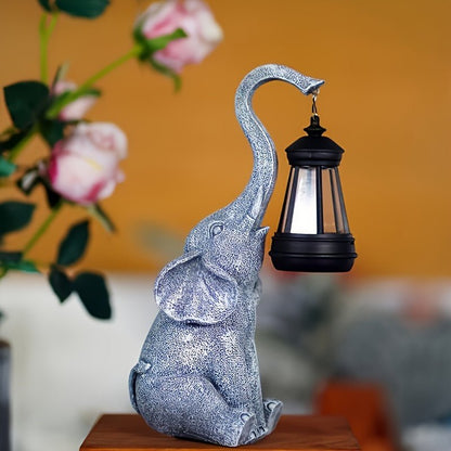 Solar Outdoor Elephant Figurine Light with Warm Glow for Patio Pathway Garden Accent Decor Weatherproof Auto-On Dusk Sensing Statue Lantern