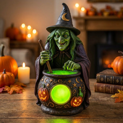 USB-Powered Glowing Cauldron Figurine with Neon Green LED Light for Halloween Decor, Fantasy Themed Rooms, Spooky Party Centerpiece, Tableto