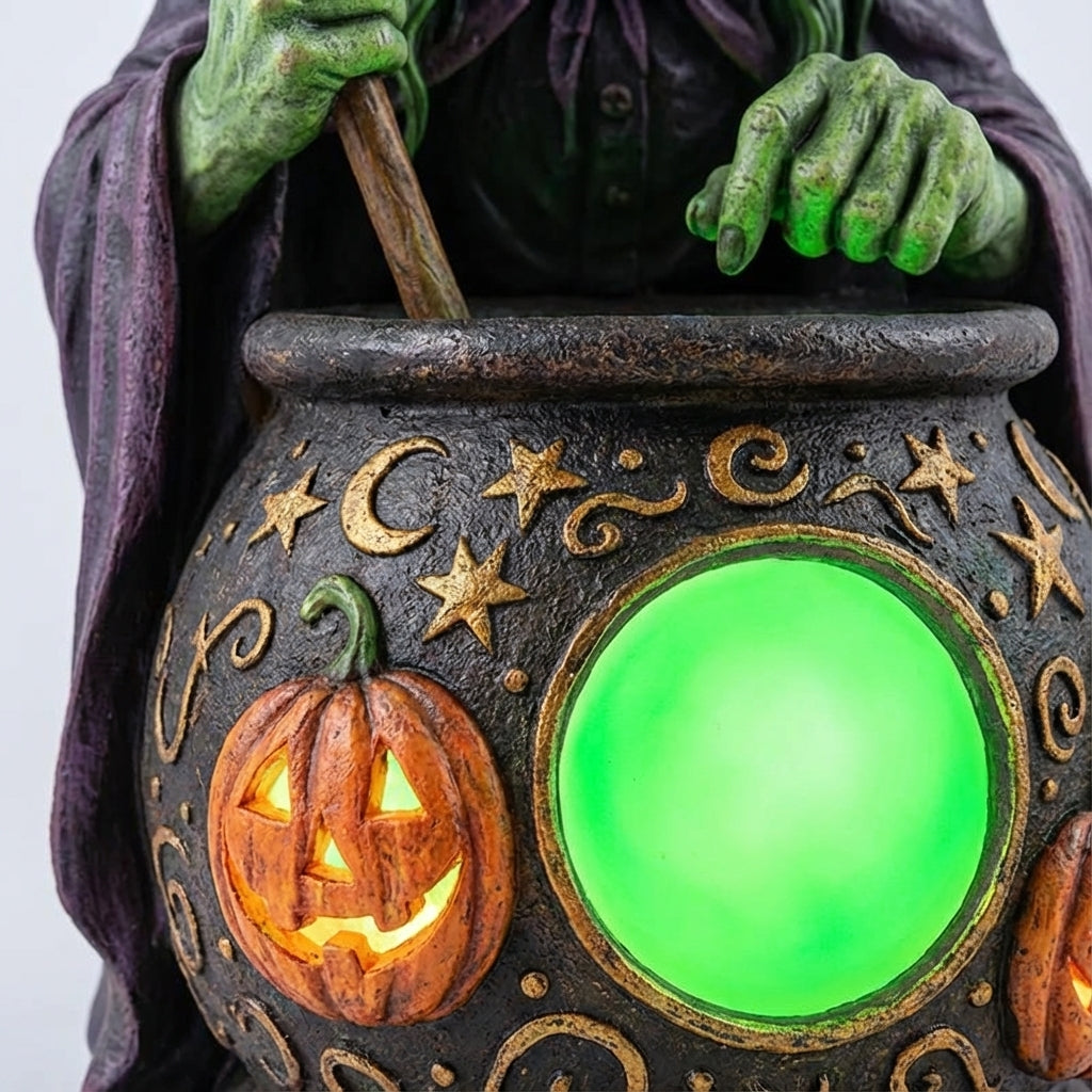 USB-Powered Glowing Cauldron Figurine with Neon Green LED Light for Halloween Decor, Fantasy Themed Rooms, Spooky Party Centerpiece, Tableto