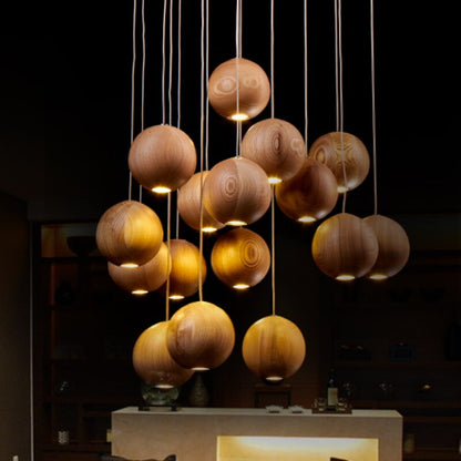 Natural Wood Sphere Pendant Light | Modern Globe Drop Ceiling Lamp for Kitchen Island, Dining Room, Living Room & Restaurant | Adjustable