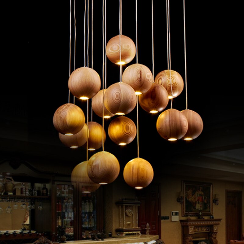 Natural Wood Sphere Pendant Light | Modern Globe Drop Ceiling Lamp for Kitchen Island, Dining Room, Living Room & Restaurant | Adjustable
