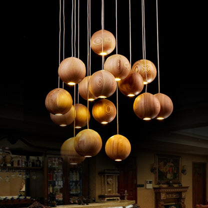 Natural Wood Sphere Pendant Light | Modern Globe Drop Ceiling Lamp for Kitchen Island, Dining Room, Living Room & Restaurant | Adjustable