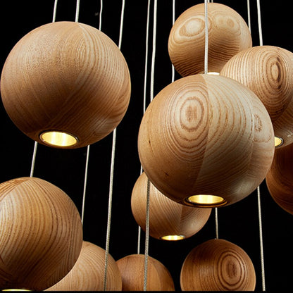 Natural Wood Sphere Pendant Light | Modern Globe Drop Ceiling Lamp for Kitchen Island, Dining Room, Living Room & Restaurant | Adjustable