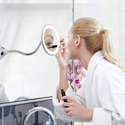 Flexible LED Makeup Mirror with 10x Magnification | Suction Mount Vanity Mirror with Adjustable Gooseneck Arm for Bathroom | Illuminated