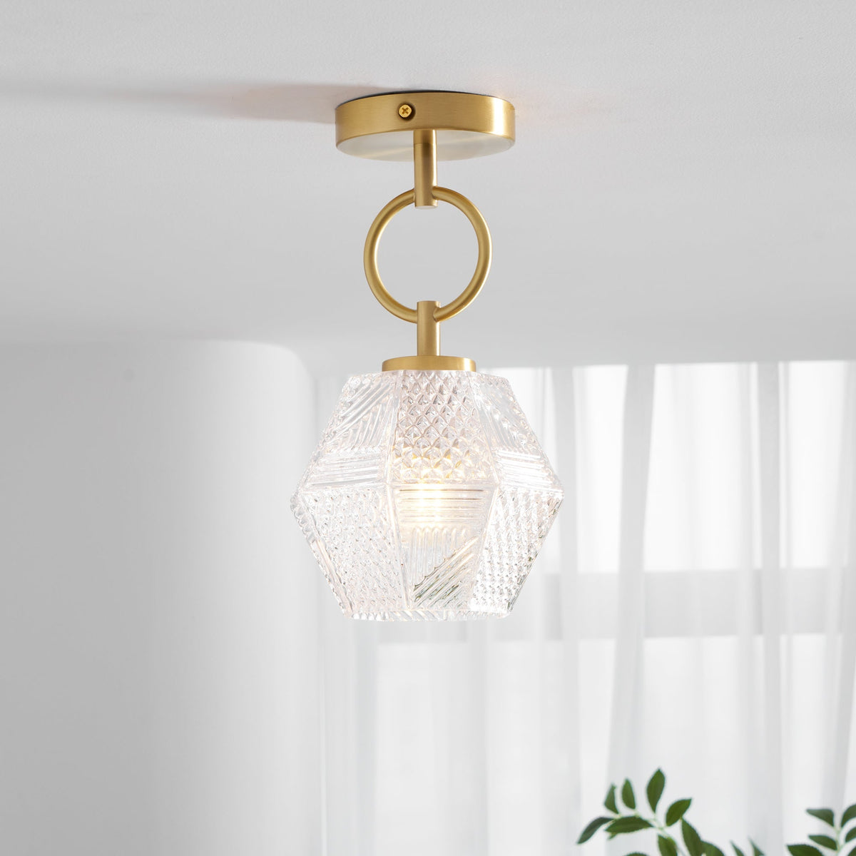 Geometric Glass Pendant Light with Faceted Shade | Polished Metal Hanging Fixture for Kitchen Island Entryway Breakfast Nook Hallway