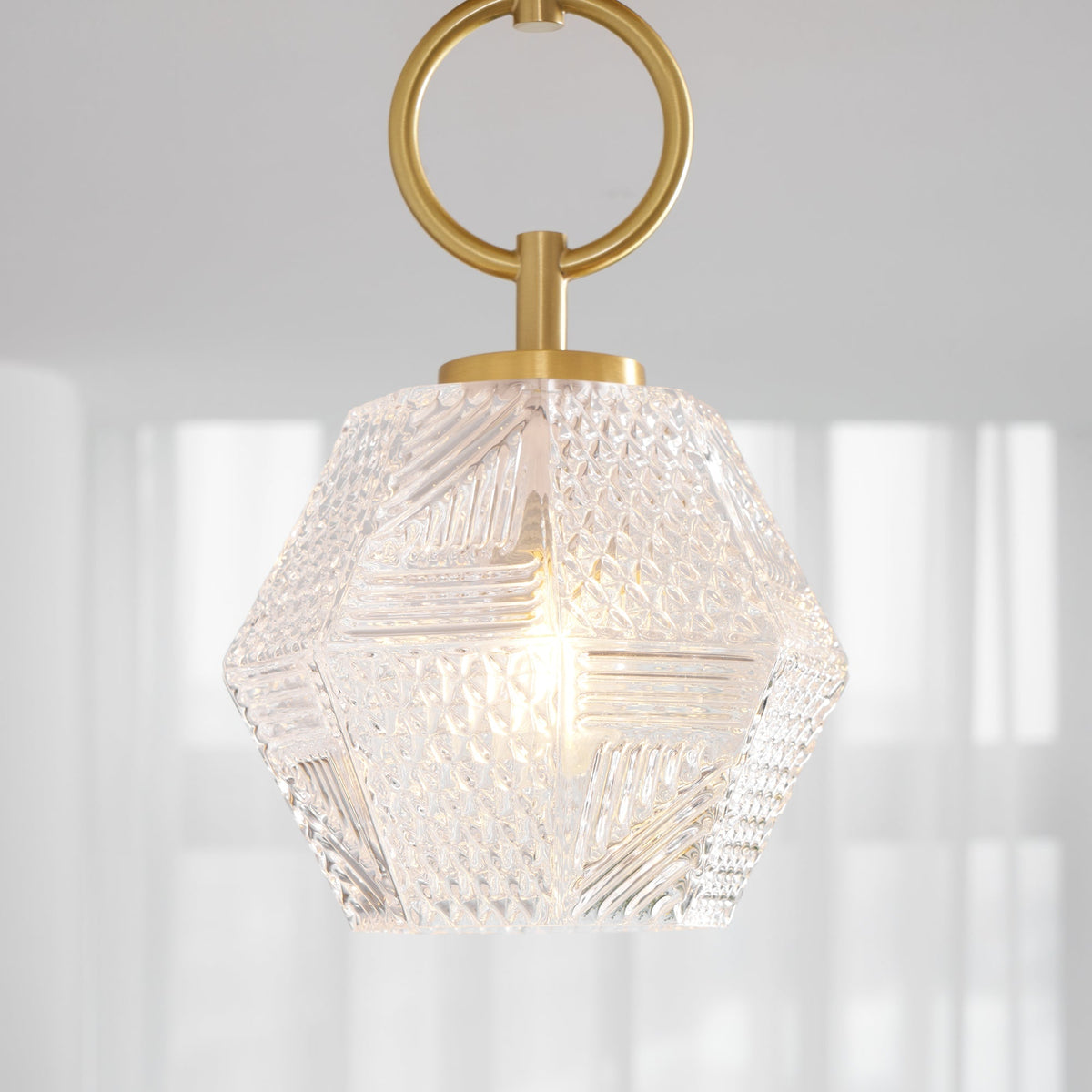 Geometric Glass Pendant Light with Faceted Shade | Polished Metal Hanging Fixture for Kitchen Island Entryway Breakfast Nook Hallway