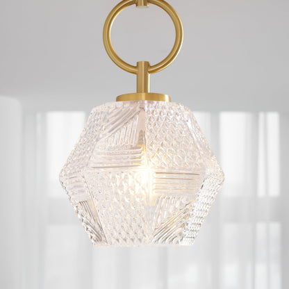 Geometric Glass Pendant Light with Faceted Shade | Polished Metal Hanging Fixture for Kitchen Island Entryway Breakfast Nook Hallway