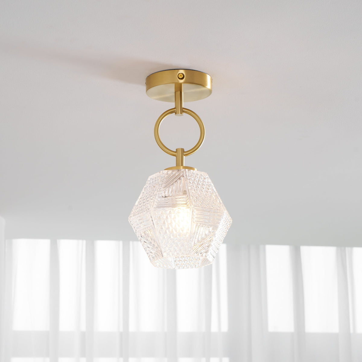 Geometric Glass Pendant Light with Faceted Shade | Polished Metal Hanging Fixture for Kitchen Island Entryway Breakfast Nook Hallway