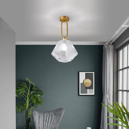 Geometric Glass Pendant Light with Faceted Shade | Polished Metal Hanging Fixture for Kitchen Island Entryway Breakfast Nook Hallway
