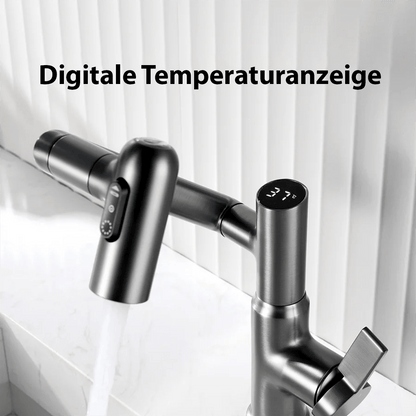 Rotating Sink Tap with Digital Temp Readout – 12-Inch Adjustable Spout, Full Swivel for Double Basins & Oversized Cookware