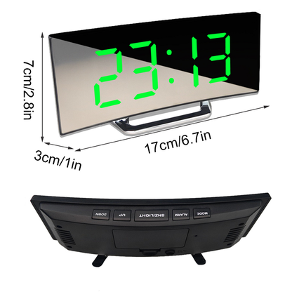 Modern Curved LED Digital Alarm Clock with Auto-Dimming Mirror Display for Bedroom and Office