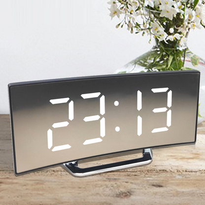 Modern Curved LED Digital Alarm Clock with Auto-Dimming Mirror Display for Bedroom and Office