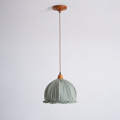 Hanging Ceiling Light Fixture with Fabric Shade 12 Inch Natural Wood Drum Pendant for Dining Room Kitchen Island Bedroom E26 Socket Adjustab