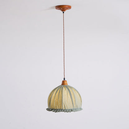 Hanging Ceiling Light Fixture with Fabric Shade 12 Inch Natural Wood Drum Pendant for Dining Room Kitchen Island Bedroom E26 Socket Adjustab