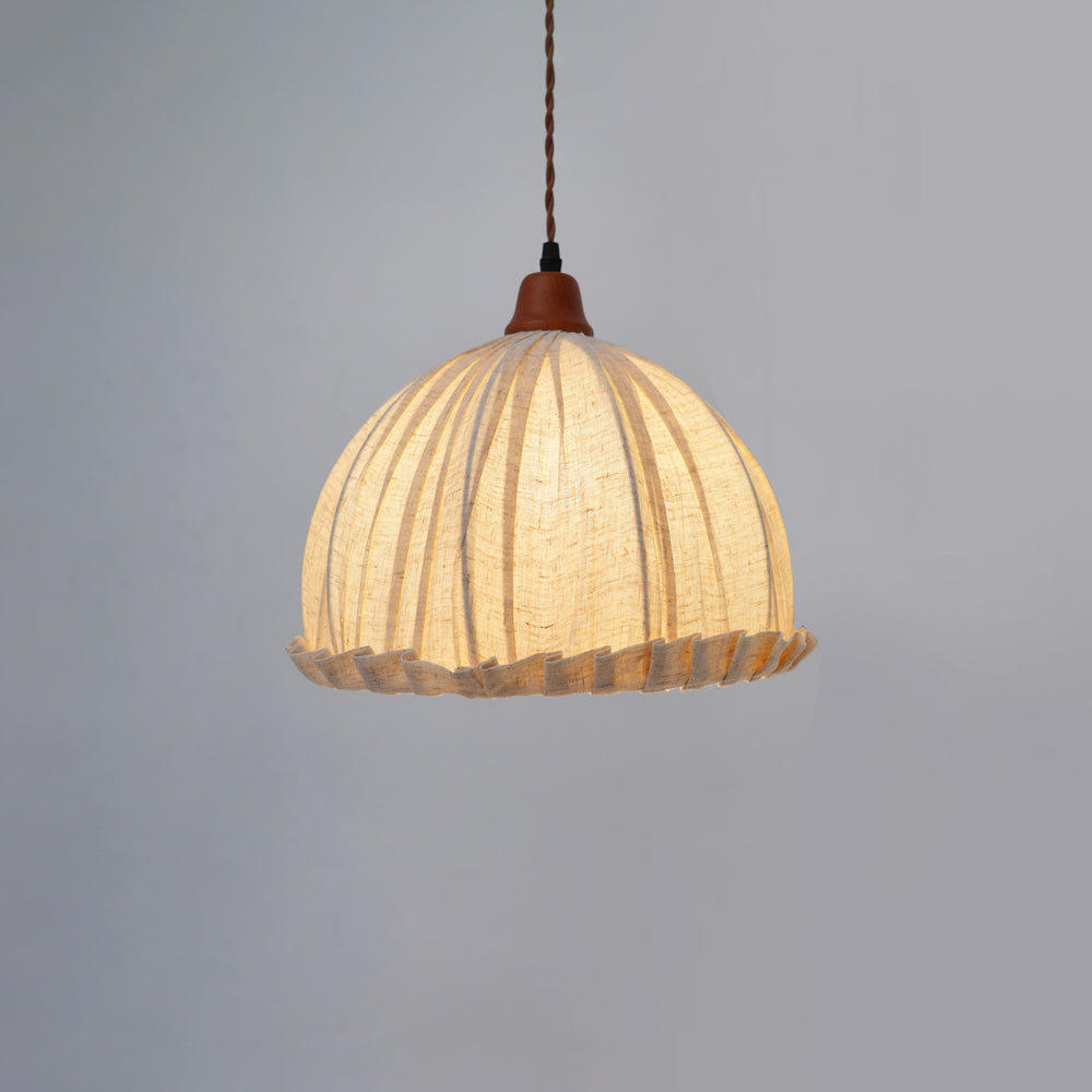 Hanging Ceiling Light Fixture with Fabric Shade 12 Inch Natural Wood Drum Pendant for Dining Room Kitchen Island Bedroom E26 Socket Adjustab