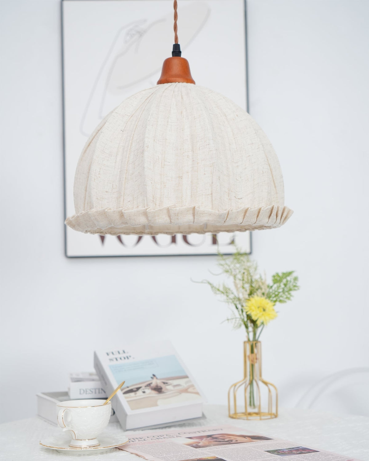 Hanging Ceiling Light Fixture with Fabric Shade 12 Inch Natural Wood Drum Pendant for Dining Room Kitchen Island Bedroom E26 Socket Adjustab