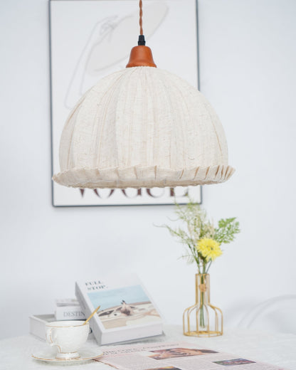 Hanging Ceiling Light Fixture with Fabric Shade 12 Inch Natural Wood Drum Pendant for Dining Room Kitchen Island Bedroom E26 Socket Adjustab