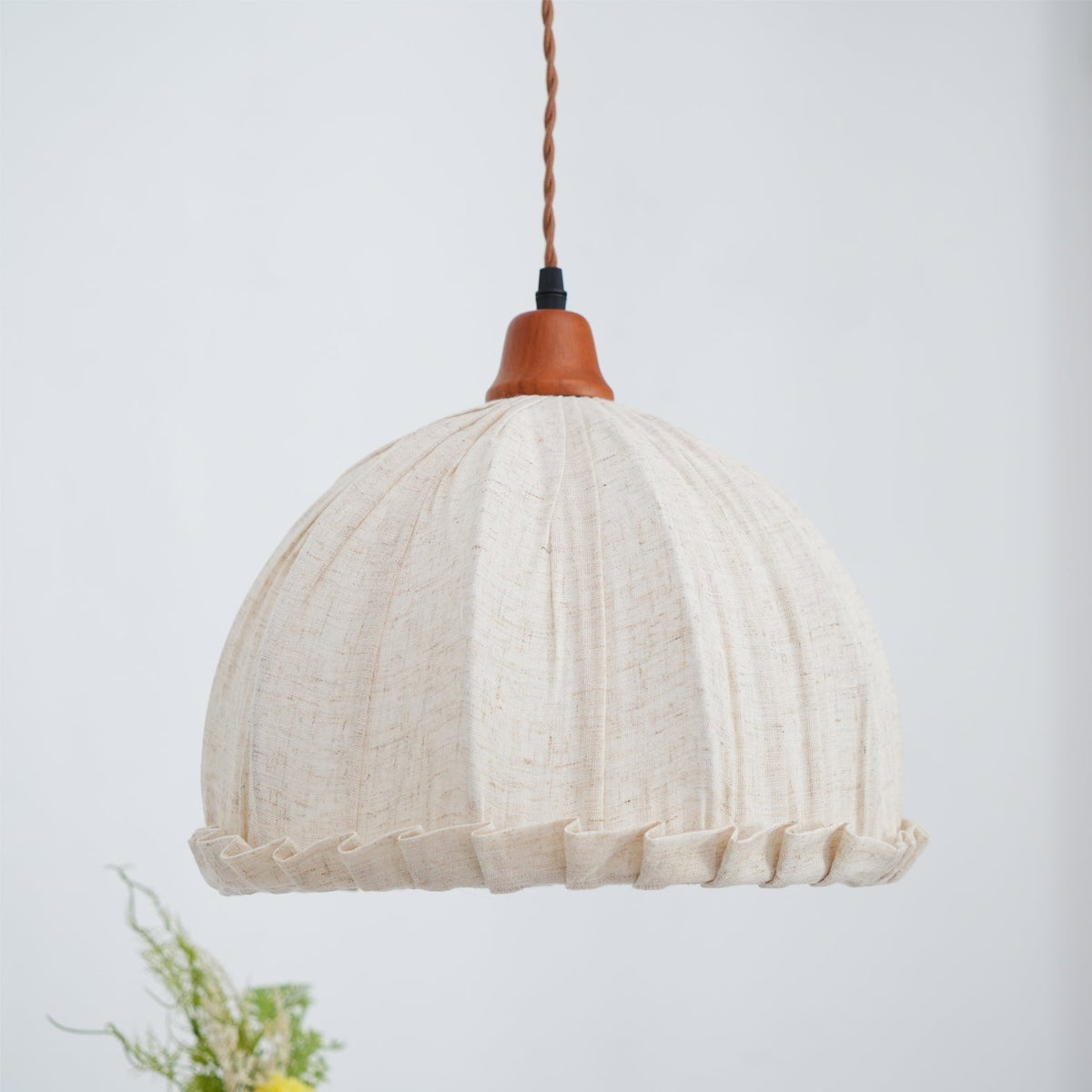 Hanging Ceiling Light Fixture with Fabric Shade 12 Inch Natural Wood Drum Pendant for Dining Room Kitchen Island Bedroom E26 Socket Adjustab