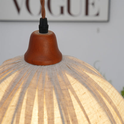 Hanging Ceiling Light Fixture with Fabric Shade 12 Inch Natural Wood Drum Pendant for Dining Room Kitchen Island Bedroom E26 Socket Adjustab