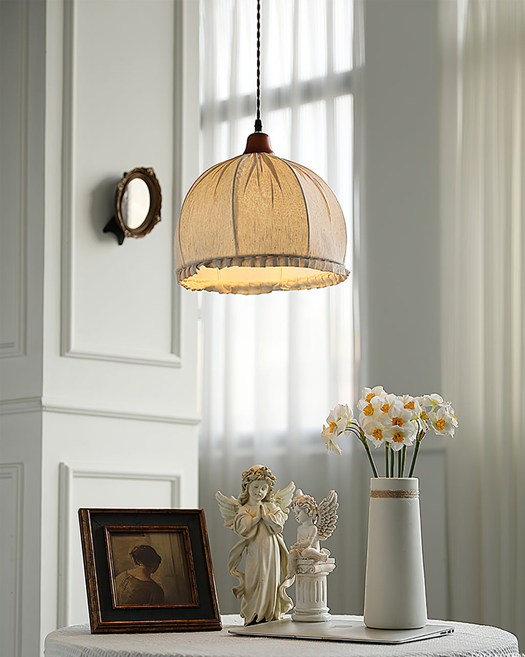 Hanging Ceiling Light Fixture with Fabric Shade 12 Inch Natural Wood Drum Pendant for Dining Room Kitchen Island Bedroom E26 Socket Adjustab