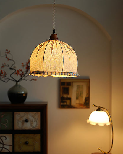 Hanging Ceiling Light Fixture with Fabric Shade 12 Inch Natural Wood Drum Pendant for Dining Room Kitchen Island Bedroom E26 Socket Adjustab