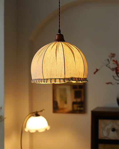Hanging Ceiling Light Fixture with Fabric Shade 12 Inch Natural Wood Drum Pendant for Dining Room Kitchen Island Bedroom E26 Socket Adjustab
