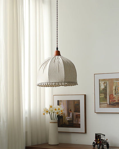 Hanging Ceiling Light Fixture with Fabric Shade 12 Inch Natural Wood Drum Pendant for Dining Room Kitchen Island Bedroom E26 Socket Adjustab