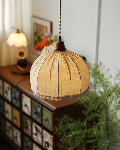 Hanging Ceiling Light Fixture with Fabric Shade 12 Inch Natural Wood Drum Pendant for Dining Room Kitchen Island Bedroom E26 Socket Adjustab