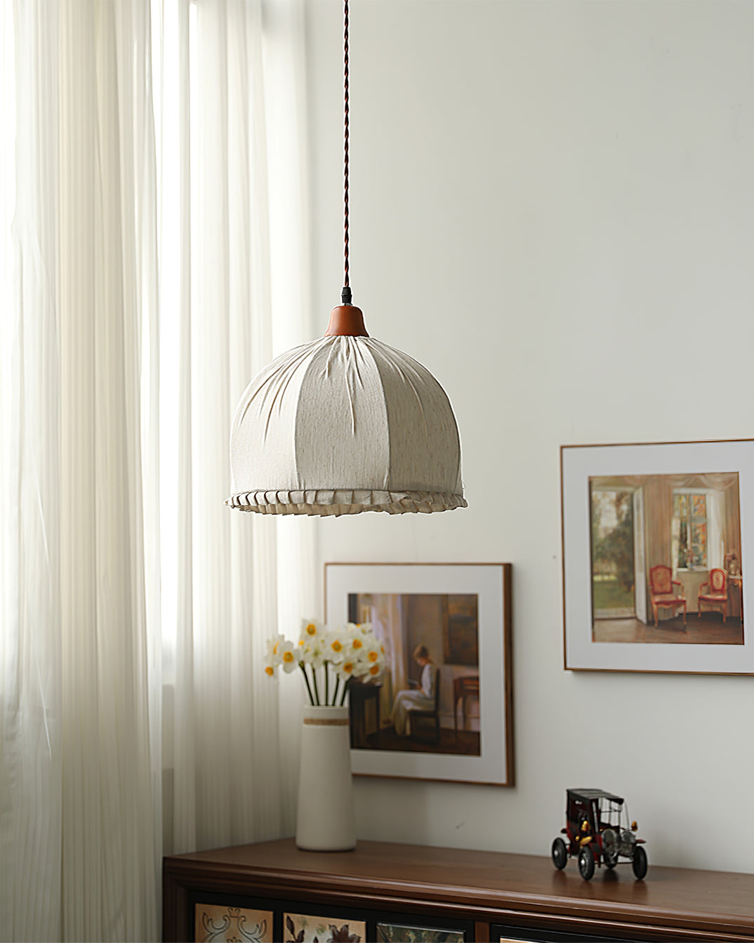 Hanging Ceiling Light Fixture with Fabric Shade 12 Inch Natural Wood Drum Pendant for Dining Room Kitchen Island Bedroom E26 Socket Adjustab