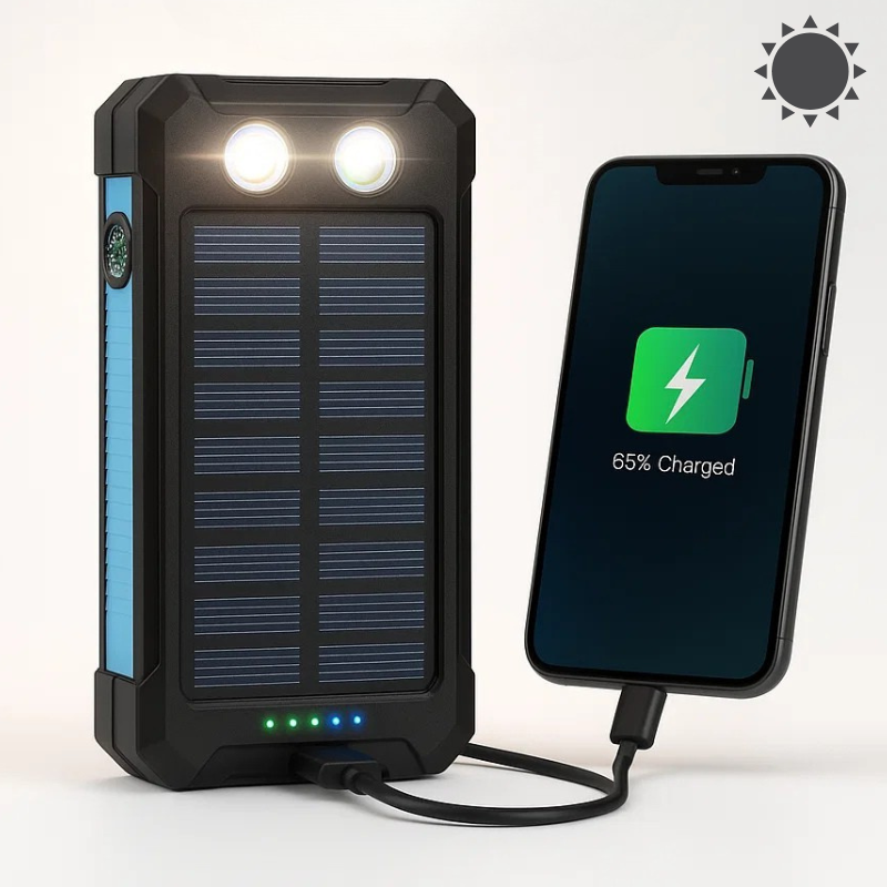 Rechargeable Battery Pack 500000mAh Dual-Port USB Outdoor Emergency Backup with Solar Panel and LED Flashlight for Camping Travel Hiking