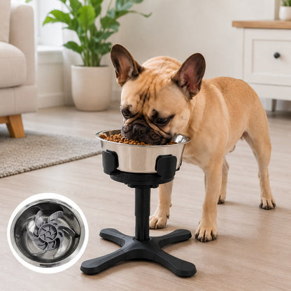 Adjustable Height & Tilt Elevated Dog Bowl (Slow-Feed Insert)