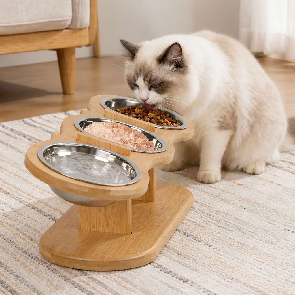 Ortekor 15° Angled Wood Stand Cat Feeder (3 Stainless Steel Bowls)