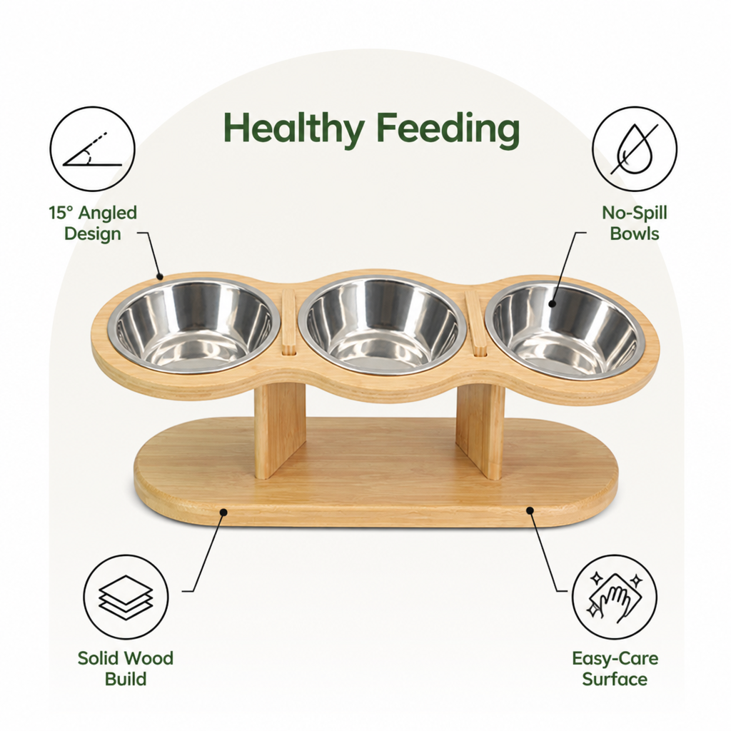 Ortekor 15° Angled Wood Stand Cat Feeder (3 Stainless Steel Bowls)