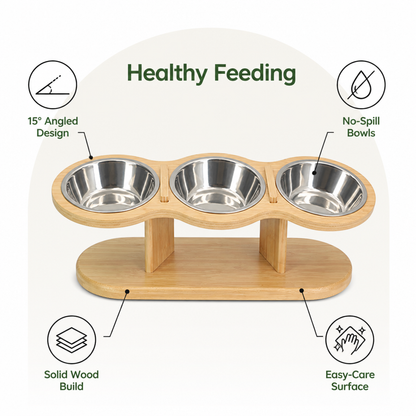 Ortekor 15° Angled Wood Stand Cat Feeder (3 Stainless Steel Bowls)