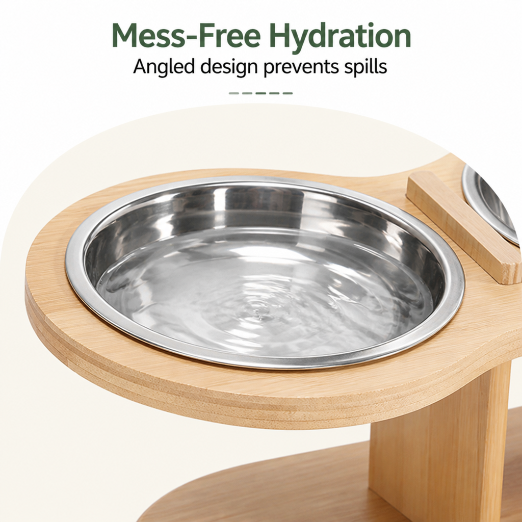 Ortekor 15° Angled Wood Stand Cat Feeder (3 Stainless Steel Bowls)