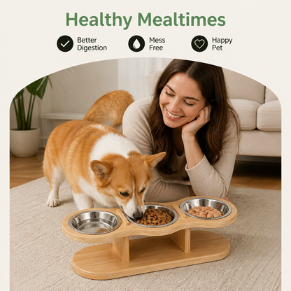 Ortekor 15° Angled Wood Stand Cat Feeder (3 Stainless Steel Bowls)