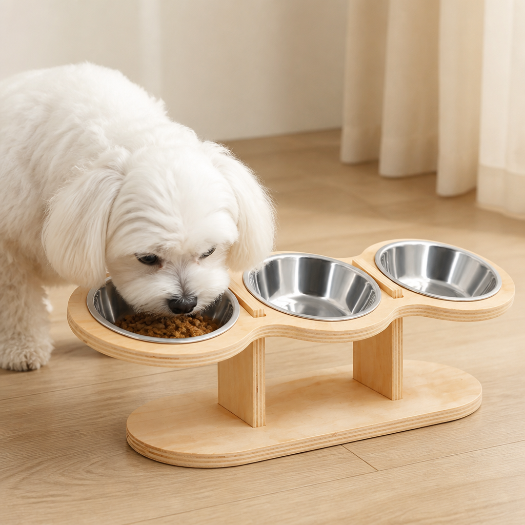 Ortekor 15° Angled Wood Stand Cat Feeder (3 Stainless Steel Bowls)
