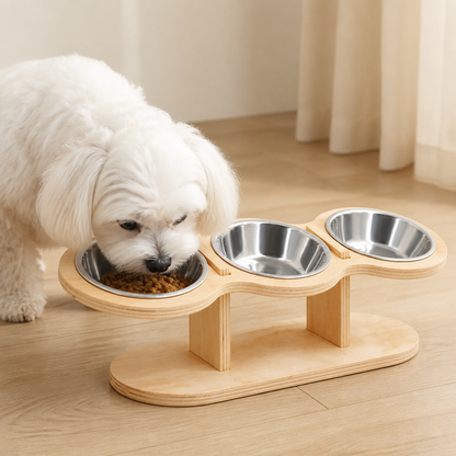 Ortekor 15° Angled Wood Stand Cat Feeder (3 Stainless Steel Bowls)