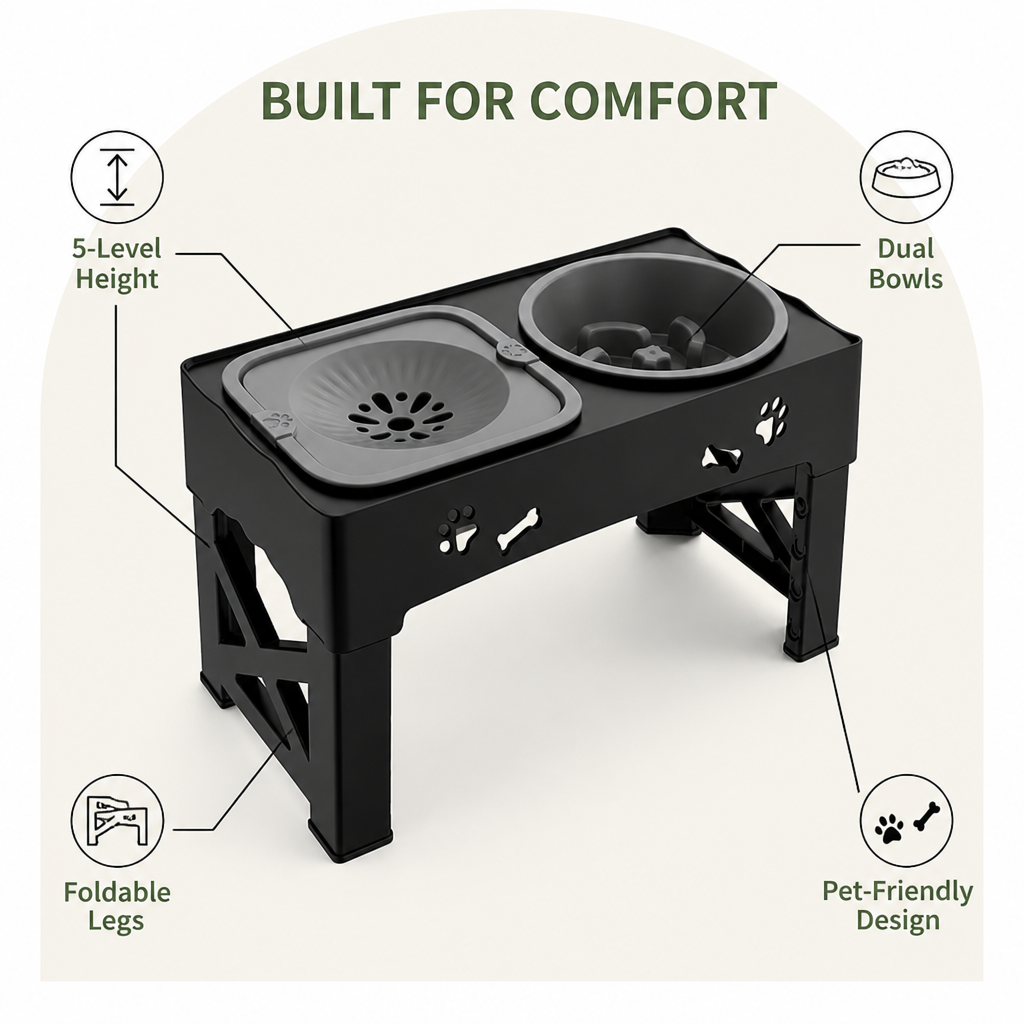Ortekor Adjustable 5-Height Foldable Elevated Pet Feeder