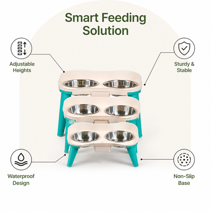 Ortekor Adjustable Height & Non-Slip Elevated Pet Feeder (Stainless Steel Bowls)