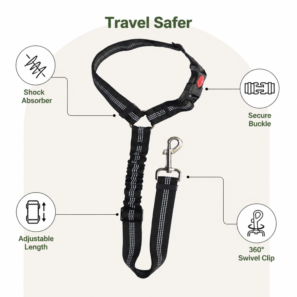 Ortekor Bungee Shock-Absorbing & Reflective Car Seat Leash (For Small-Medium Dogs)