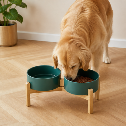 Ortekor Elevated Wooden Stand & Double Ceramic Dog Bowl