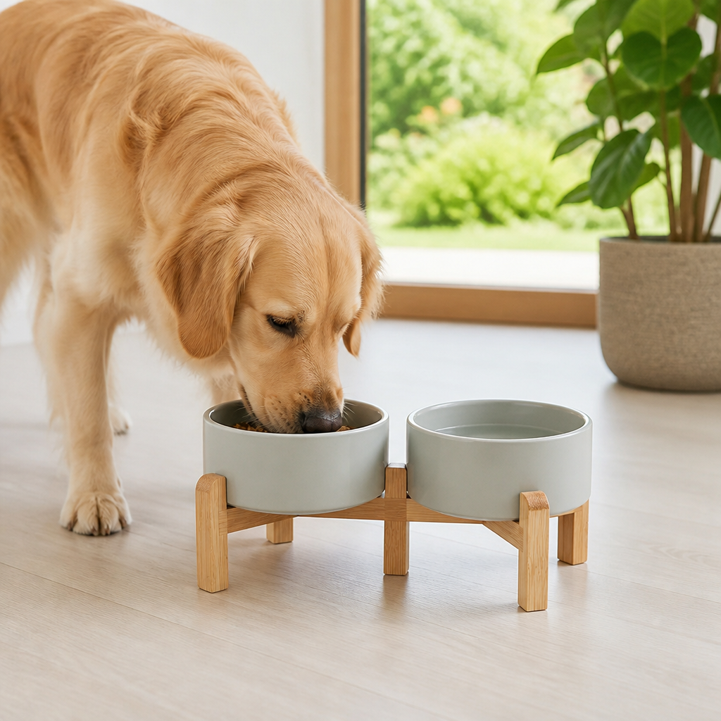 Ortekor Elevated Wooden Stand & Double Ceramic Dog Bowl