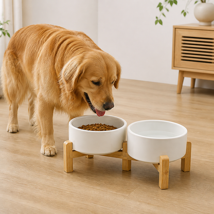 Ortekor Elevated Wooden Stand & Double Ceramic Dog Bowl