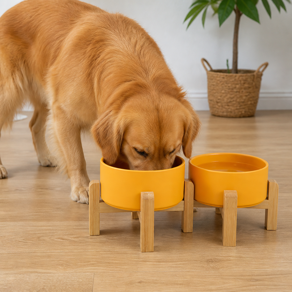 Ortekor Elevated Wooden Stand & Double Ceramic Dog Bowl