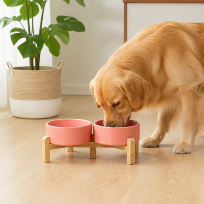 Ortekor Elevated Wooden Stand & Double Ceramic Dog Bowl