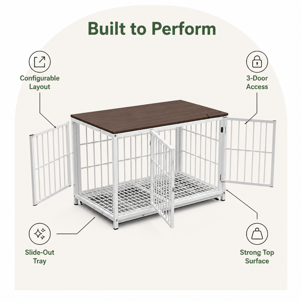 Ortekor Heavy-Duty 3-Door Furniture Dog Crate (Removable Sliding Tray)