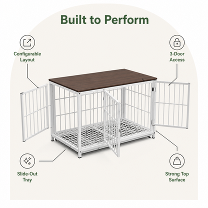 Ortekor Heavy-Duty 3-Door Furniture Dog Crate (Removable Sliding Tray)